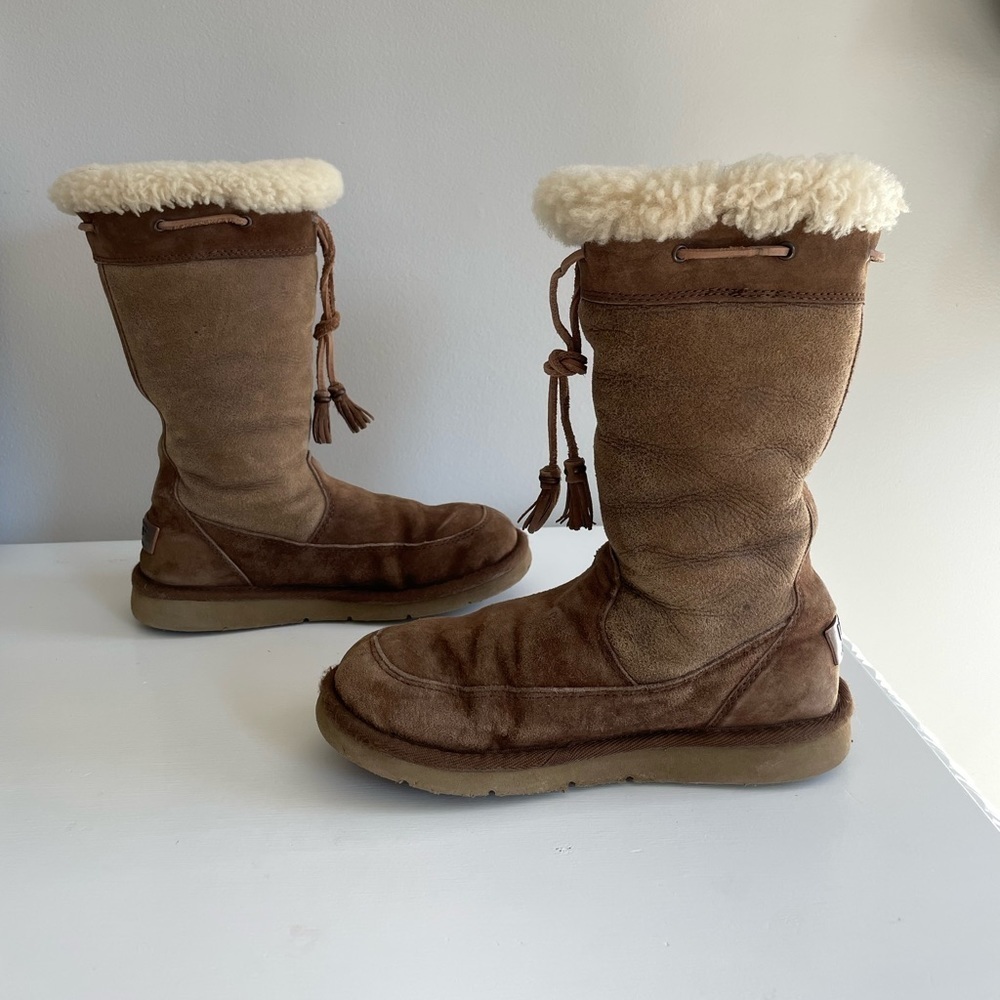 UGG Suede & Shearling Suburb Mid Calf Brown Boots with Tie & Tassels, Women’s 6 - Picture 3 of 9